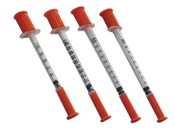 Insulin syringes. Assorted unit measurments and needle sizes